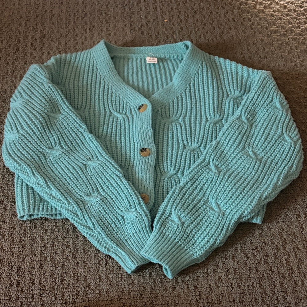 Cozy Teal Cable Knit Cardigan Sweater